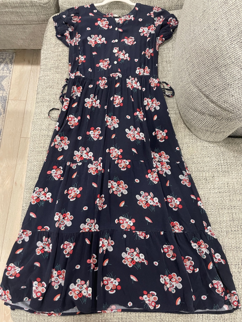 LOFT Floral Maxi Dress Tiered Button Up Short Puff Sleeve Elastic Waist size 0